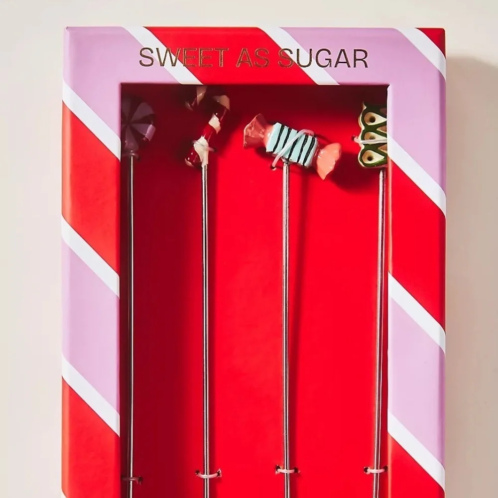 NWT Anthropologie Set of 4  Christmas Candy Bon Bon Beverage Stirrers